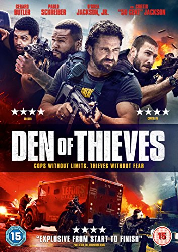 DVD cover for "Den Of Thieves" featuring armed men and explosions.