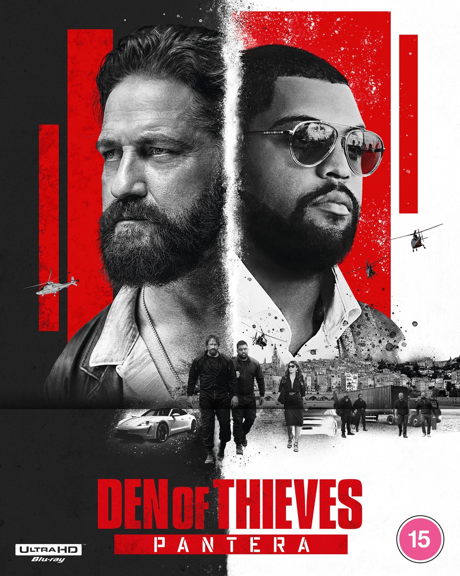 “Den of Thieves” Blu-ray cover featuring Gerard Butler and 50 Cent in split portrait.