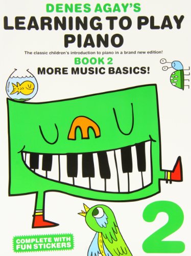 Piano learning book cover, cartoon piano with number 2, and bird.