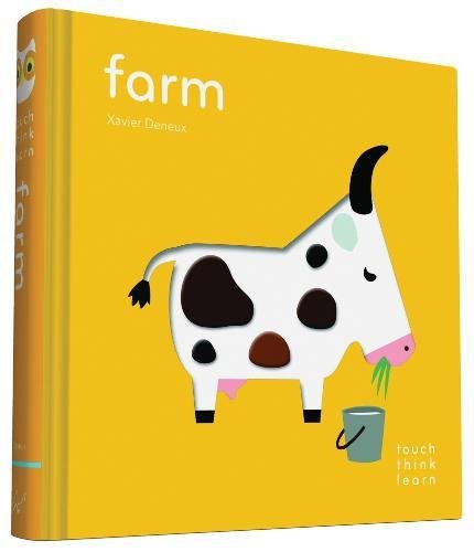 Interactive farm-themed board book with raised images and flaps for young children to explore.