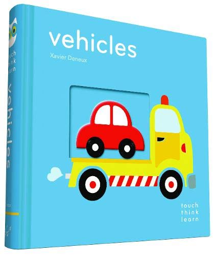 Light blue board book titled Vehicles featuring a yellow tow truck carrying a red car.
