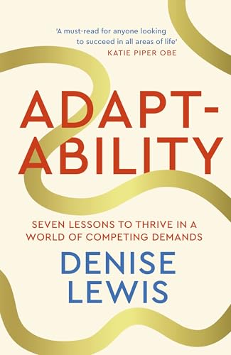 Book cover: "Adaptability" by Denise Lewis, with gold wavy line design.