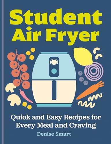 Book cover with air fryer illustration and colorful produce graphics.