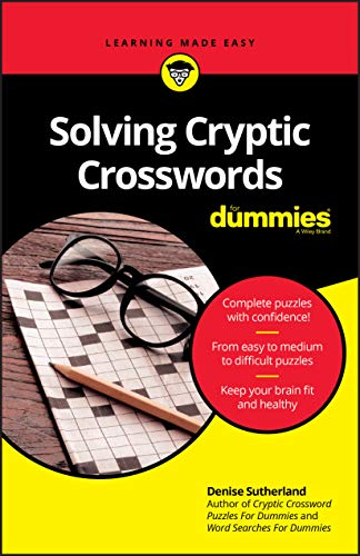 Book cover: "Solving Cryptic Crosswords For Dummies" with glasses and puzzle.