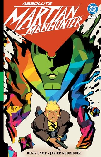 A stylized green Martian Manhunter looms over a man in a suit holding a gun.
