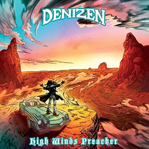 CD cover: desert landscape with a figure standing on a car.