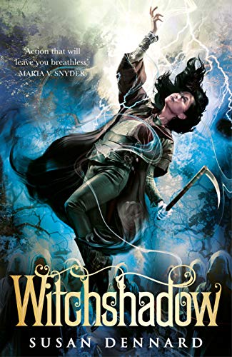 Book cover: woman with dark hair wielding a scythe amidst lightning.