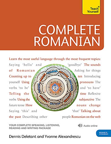Cover of Complete Romanian language course book featuring a traditional patterned ceramic plate.