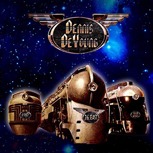 Dennis DeYoung album cover featuring three vintage locomotives against a starry blue space background.