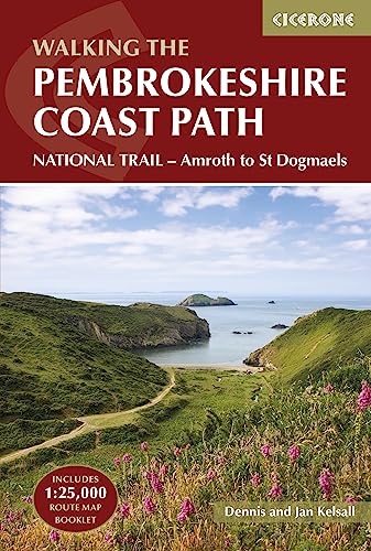 Book cover for The Pembrokeshire Coast Path featuring a coastal landscape with green hills.