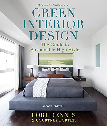Book cover: "Green Interior Design" with a bedroom scene background.