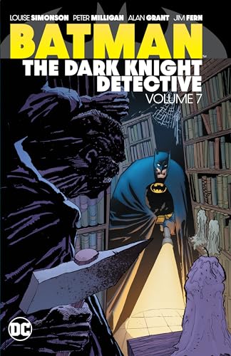 Batman stands in a library, investigating a shadowy, monstrous figure.