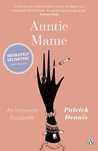 Book cover: "Auntie Mame" with illustration of a jeweled hand and cocktail.