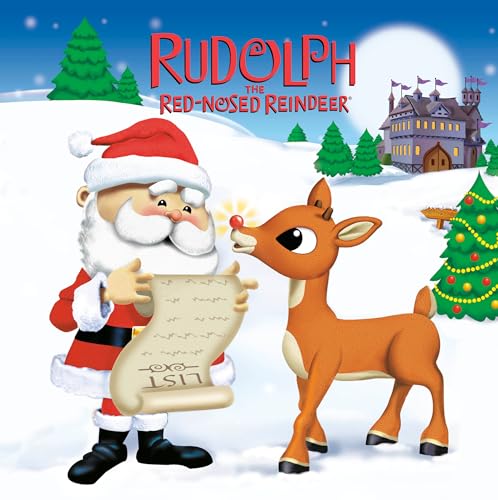 Santa and Rudolph stand in a snowy winter landscape.