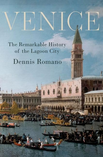 Book cover depicting Venice’s St. Mark’s Square and busy canals with gondolas.