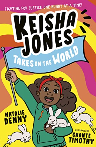 Book cover illustration of a girl holding a flag, surrounded by three white rabbits.