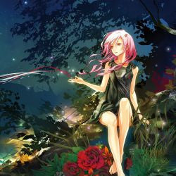 Anime girl with pink hair sitting among flowers and trees.