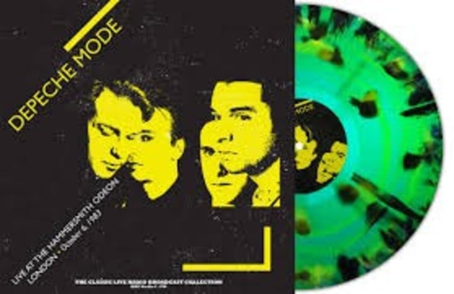 Depeche Mode vinyl record cover and green, swirled record disc.