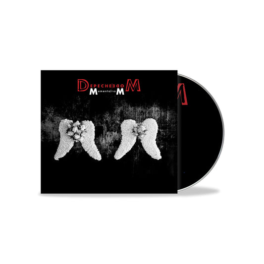 "CD case with black cover, white floral wings, and red and white text, partially open."