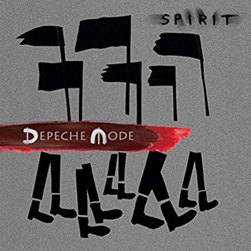 Album cover with black flags and marching boots on a grey background.