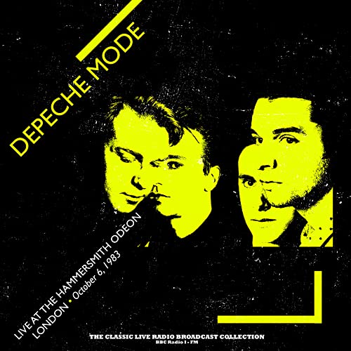 Yellow Depeche Mode album cover featuring three band members in monochrome.