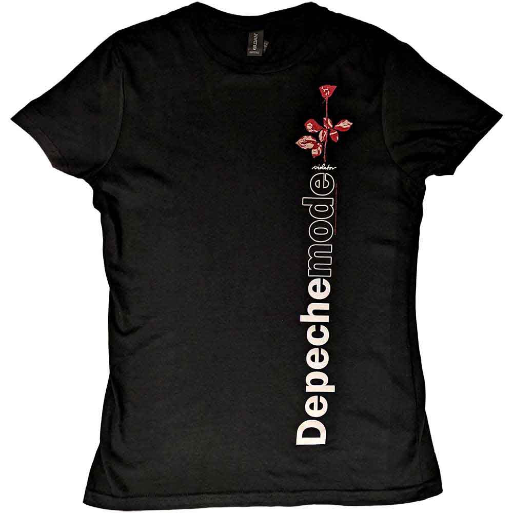 Black women’s t-shirt with a red rose and “Depeche Mode” text.