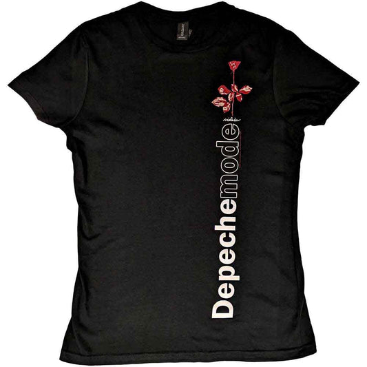Black women’s t-shirt with a red rose and “Depeche Mode” text.