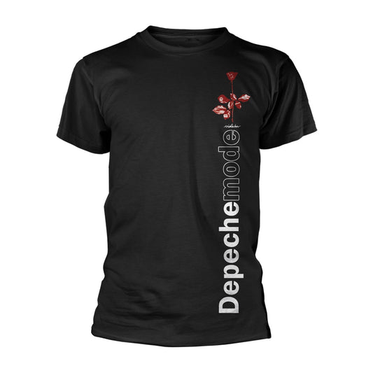 Black t-shirt with a red rose and "Depeche Mode" text down the side.
