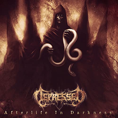 Dark figure with a snake, album cover for “Depressed - Afterlife In Darkness.”