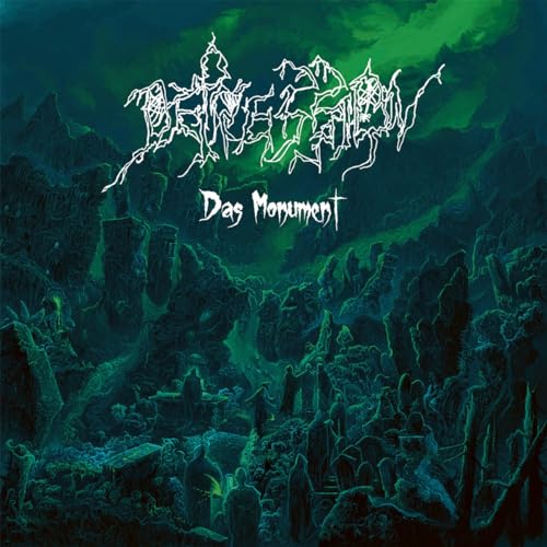 Green-tinted album art featuring jagged rock formations and stylized death metal typography.