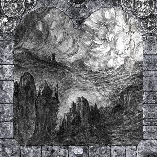 Black and white sketch of a desolate, mountainous landscape with figures.