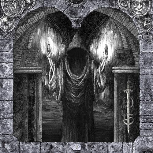 Black and white illustration of a hooded figure in an arched stone doorway.