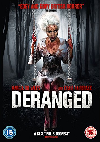DVD cover for horror film "Deranged" featuring a bloodied woman on a swing.