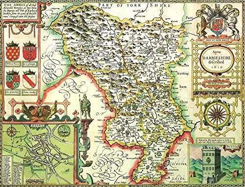 A 1610 historical map of Derbyshire featuring coats of arms and an inset town plan.