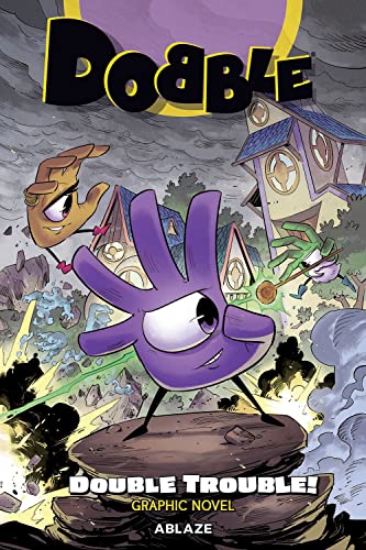 Dobble Double Trouble graphic novel cover with purple hands and a village.