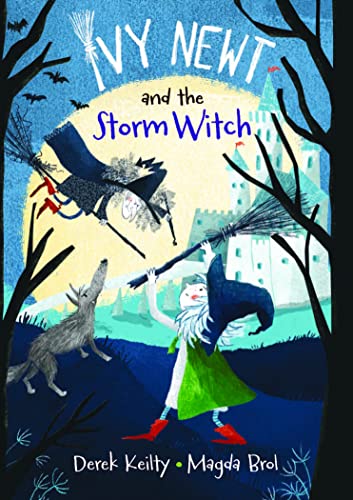 Book cover: witch on a broom, wolf howling, castle in background.