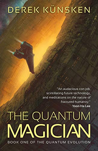 Book cover: spaceship flying over a futuristic, metallic cityscape.