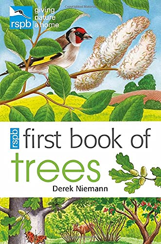 Book cover featuring a goldfinch, tree branches, a deer, and the title First Book.