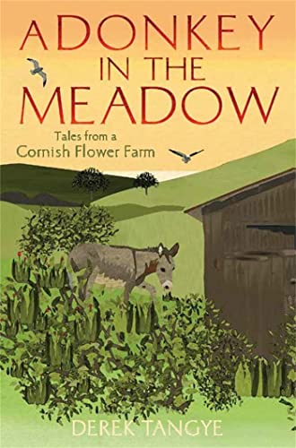 Book cover: donkey in a green meadow with flowers and a barn.