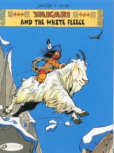 Boy with feather rides a mountain goat on rocky terrain.