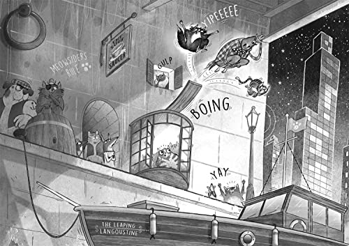 Black and white illustration of ninja cats in a city scene.