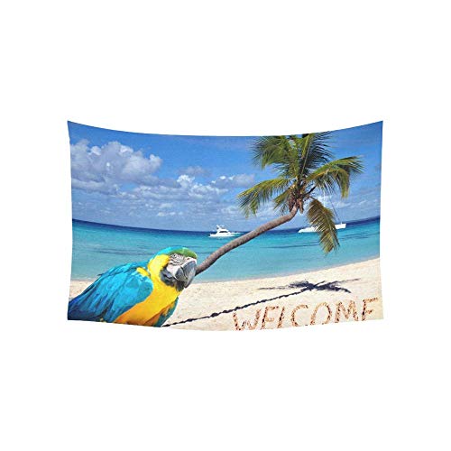 Parrot on a palm tree overlooking a tropical beach scene.