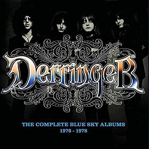 "Derringer album cover with band members and ornate title, on a dark background."