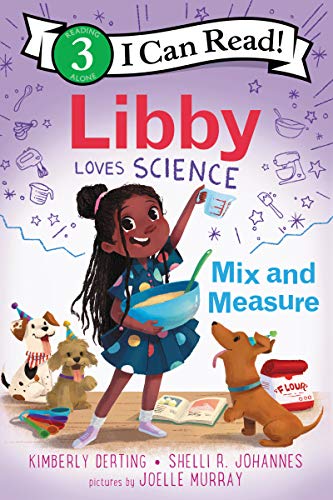 Book cover: girl with measuring cup, dogs, and science tools.