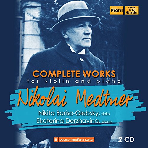 CD cover featuring a man in a hat with text overlay about Nikolai Medtner's works.