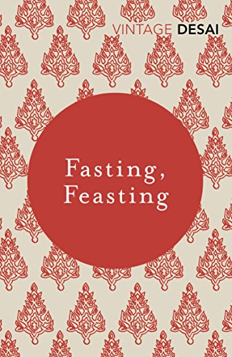 Book cover: "Fasting, Feasting" with red floral pattern background.