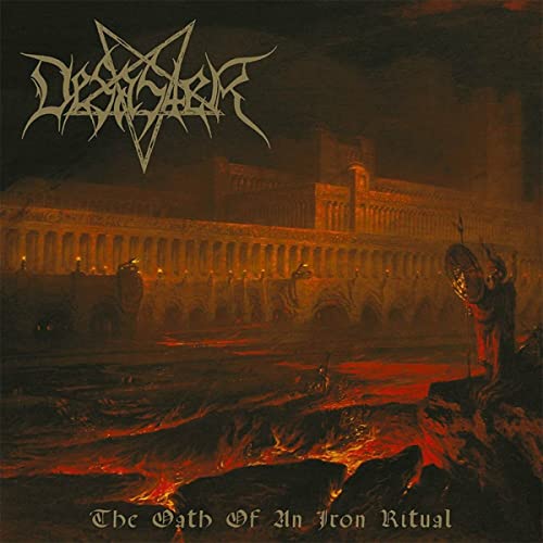 Dark album cover featuring a ruined building and fiery landscape.
