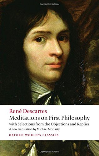 Book cover featuring a portrait of René Descartes, red background.