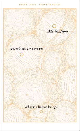 The image depicts a book cover. Alt text: Book cover with beige background, dots pattern, and black text "Meditations" by René Descartes.