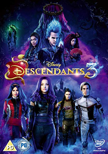 DVD cover art for Disney Descendants 3 featuring the main cast against purple background.
